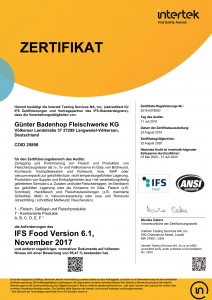 Zertifikat_IFS Food_Günter Badenhop Fleischwerke KG_2019